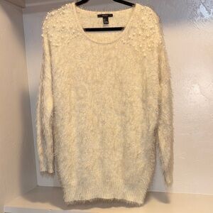 Forever 21 Cream Fuzzy Sweater with Pearl Details